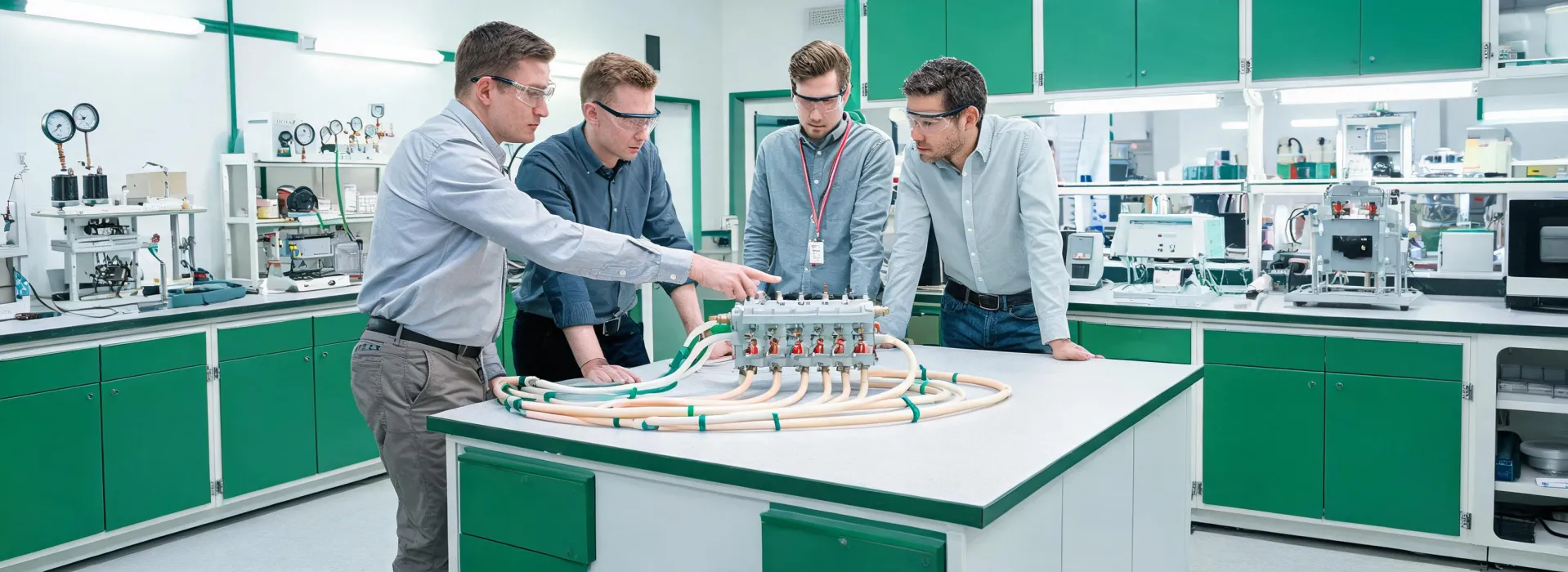 Uponor engineering team reviewing PEX manifold assemblies in a test lab