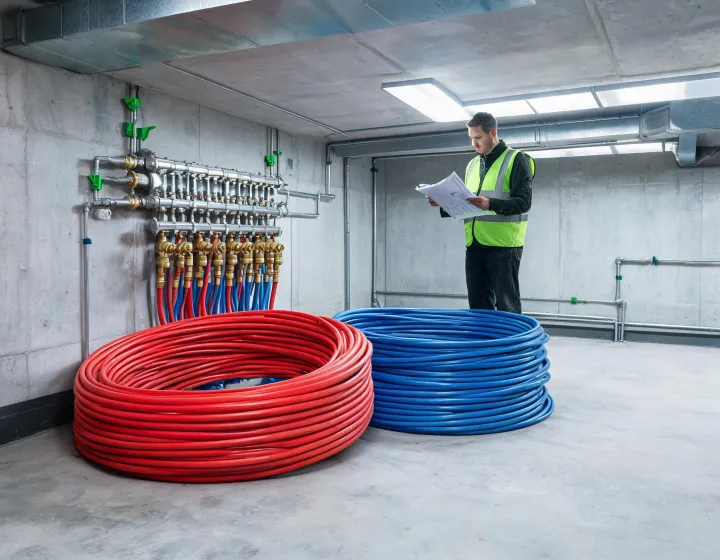 PEX-a tubing coils and ProPEX fittings staged for a commercial plumbing rough-in