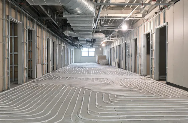 Healthcare radiant floor under cleanroom corridor