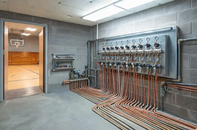 School gymnasium with underfloor heating manifolds