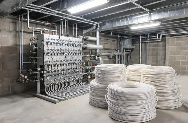 Hotel mechanical room with radiant manifold banks