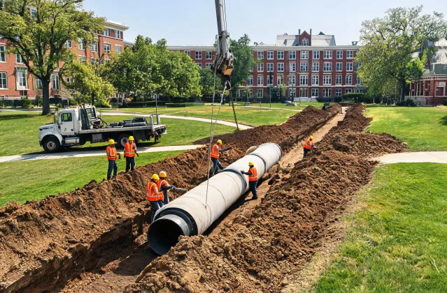 Campus district energy pre-insulated pipe trench