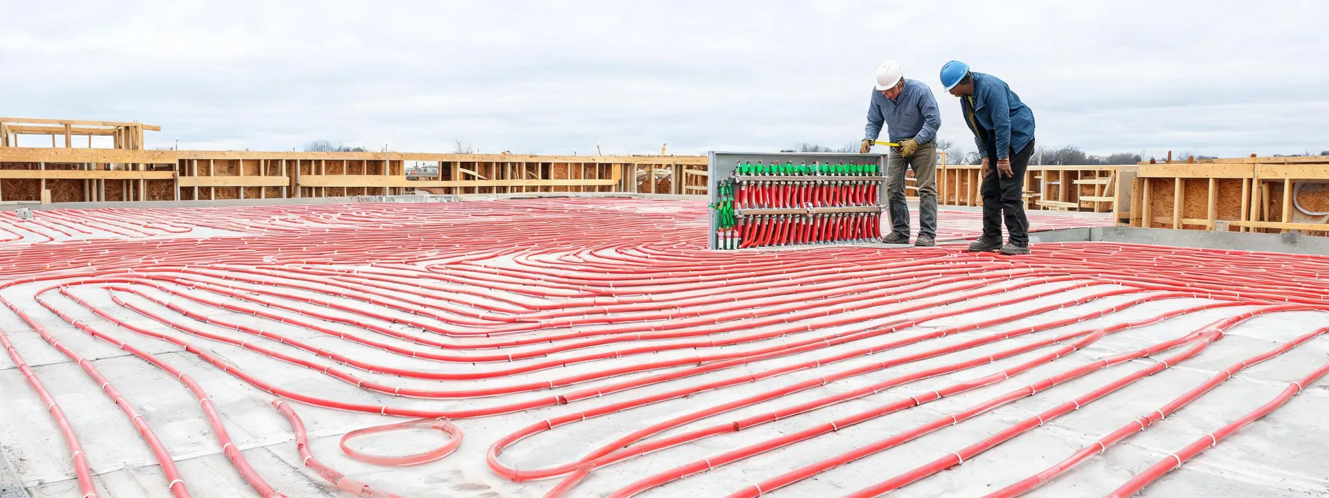 Radiant floor tubing laid in a commercial concrete slab pour