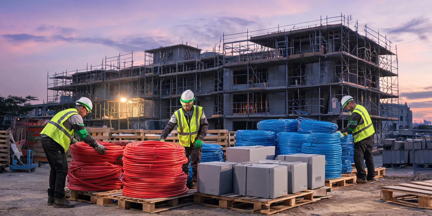 Mechanical crew staging PEX coils and manifold boxes on a jobsite