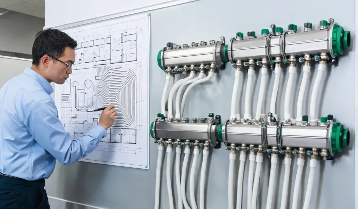 Engineer reviewing hydronic radiant layout drawings beside a manifold bank